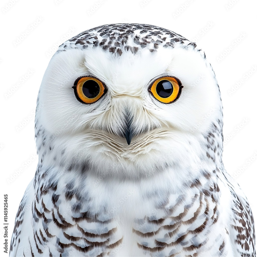 Obraz premium Front view close-up of an extremely perfect looking single Snowy Owl bird isolated on a white transparent background