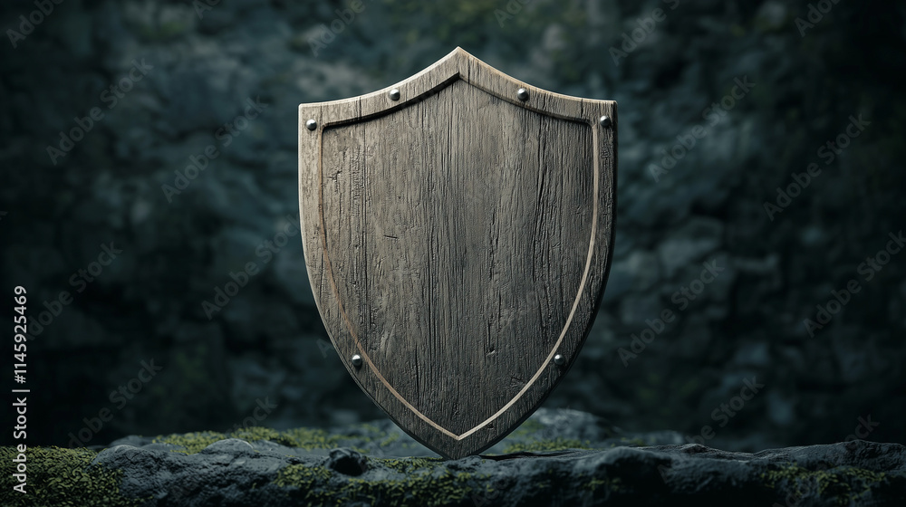 Fototapeta premium Ancient Wooden Shield: A weathered wooden shield rests on mossy ground, its worn surface and sturdy construction hinting at a history of battles and protection.