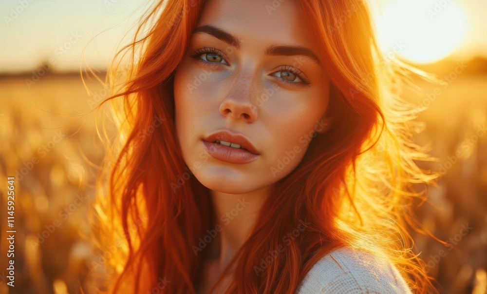 Woman with vibrant red hair at sunset Woman with vibrant red hair at sunset