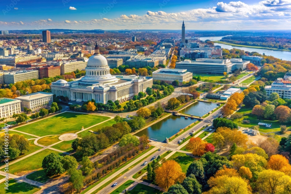 Bird's-eye view satellite image: Washington DC's Capitol, National Mall, Potomac River, and vibrant downtown. Bird's-eye view satellite image: Washington DC's Capitol, National Mall, Potomac River, and vibrant downtown.