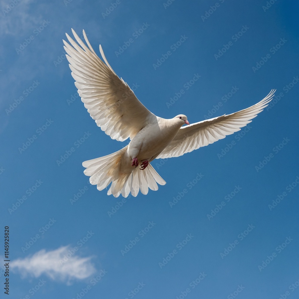 Fototapeta premium A strikingly beautiful white dove soaring through a clear, blue sky.
