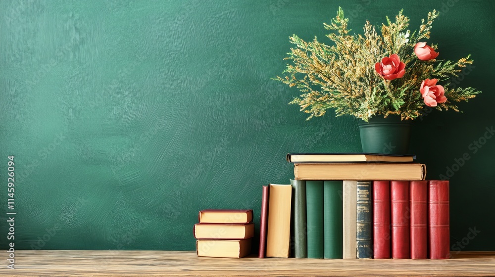 A cozy bookshelf with colorful books and a floral arrangement on a wooden surface. A cozy bookshelf with colorful books and a floral arrangement on a wooden surface.
