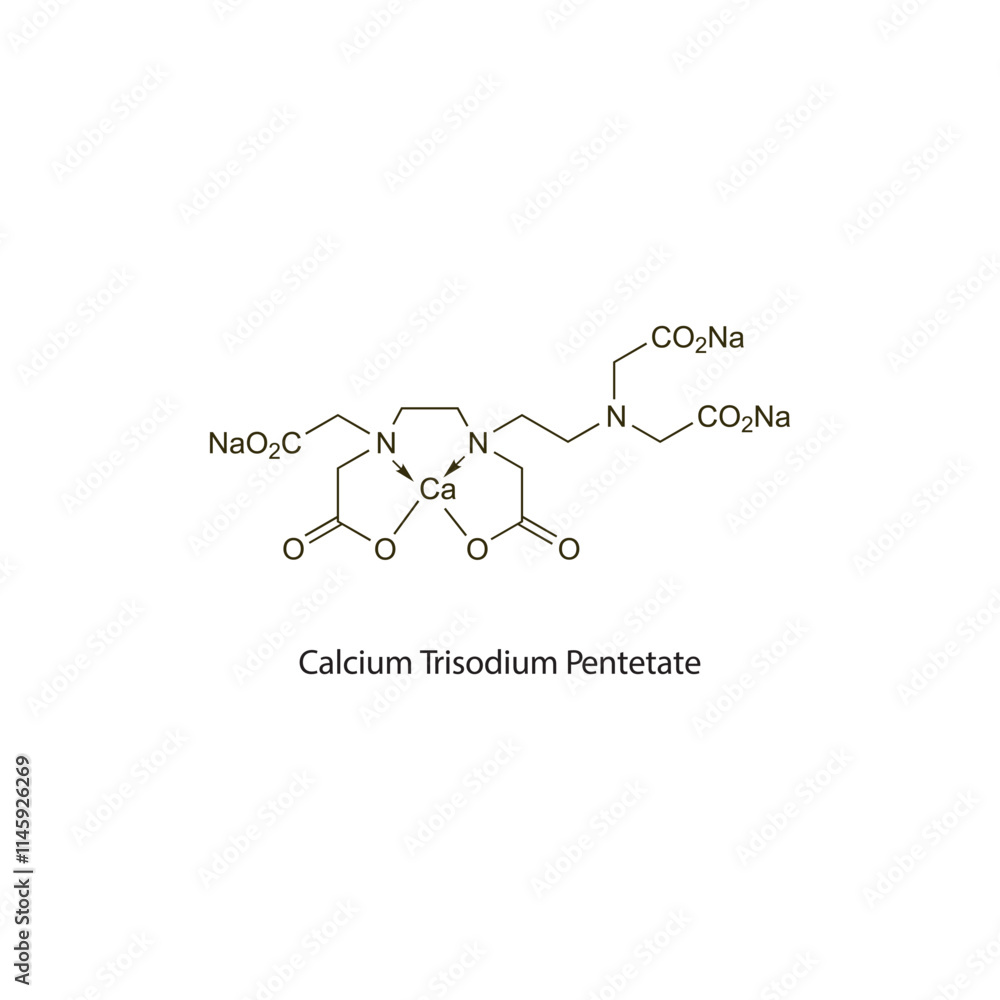 Calcium Trisodium Pentetate flat skeletal molecular structure chelator drug used in heavy metal poisoning treatment. Vector illustration scientific diagram. Calcium Trisodium Pentetate flat skeletal molecular structure chelator drug used in heavy metal poisoning treatment. Vector illustration scientific diagram.
