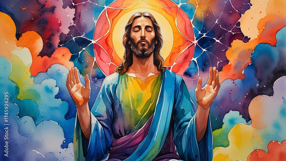 Vibrant Psychedelic Watercolor Meditation of Jesus