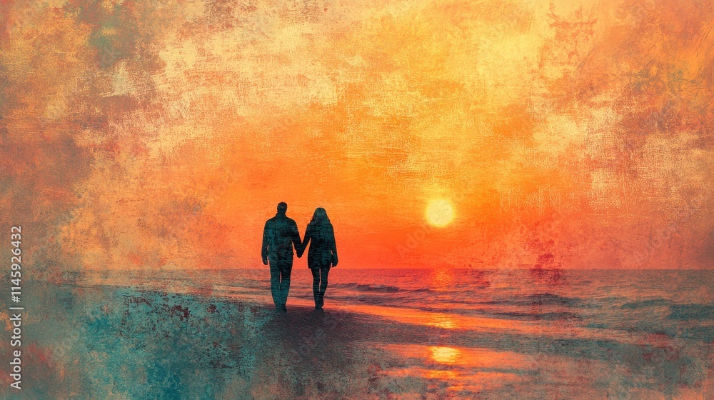 A couple is walking on the beach at sunset A couple is walking on the beach at sunset