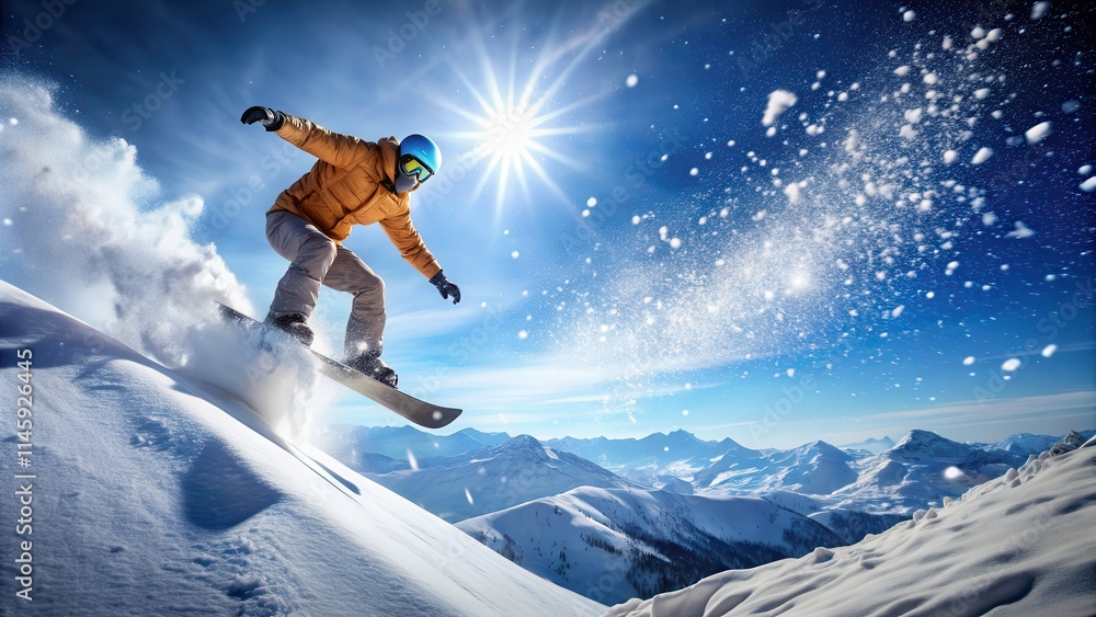 Snowboarder catching air on snowy mountain slope with snowflakes in air, snowboarder, jump, snow, mountain, slope