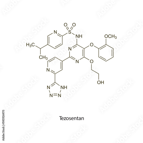 Tezosentan flat skeletal molecular structure endothelin receptor antagonist drug used in acute heart failure treatment. Vector illustration scientific diagram.