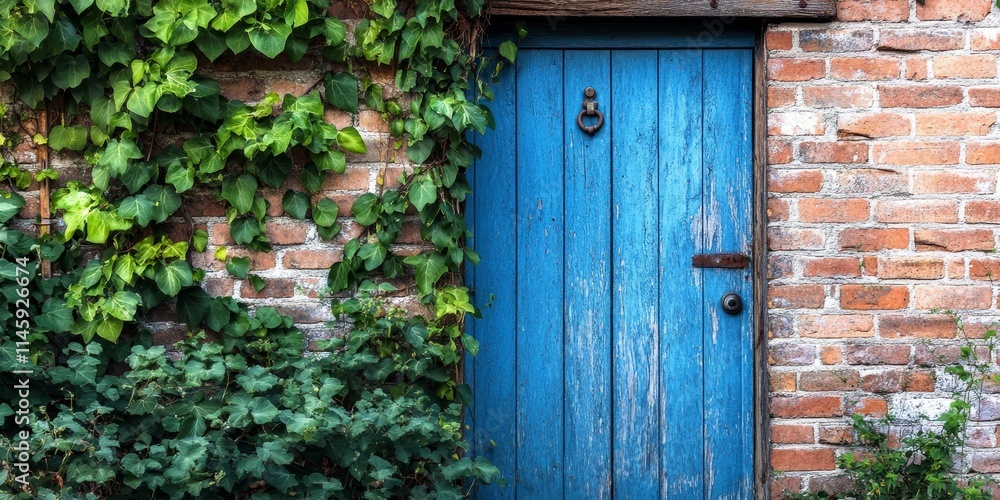Rustic blue wooden door as a backdrop, featuring an aged door with a worn lock. The blue wooden door is framed by a brick wall, adorned with ivy for added charm and texture. Rustic blue wooden door as a backdrop, featuring an aged door with a worn lock. The blue wooden door is framed by a brick wall, adorned with ivy for added charm and texture.