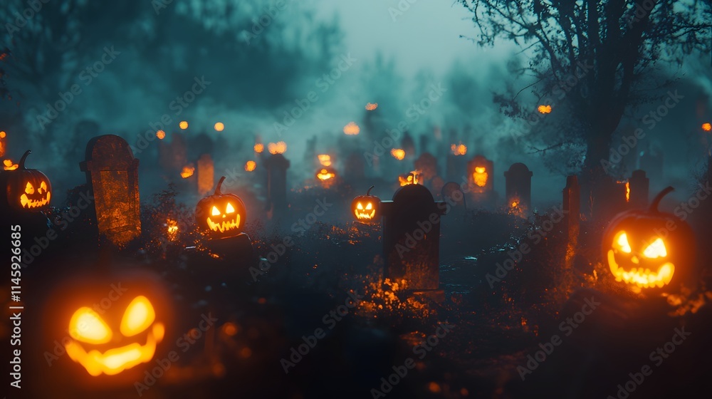 Illuminated Jackolanterns Amongst Graveyard Tombstones Illuminated Jackolanterns Amongst Graveyard Tombstones