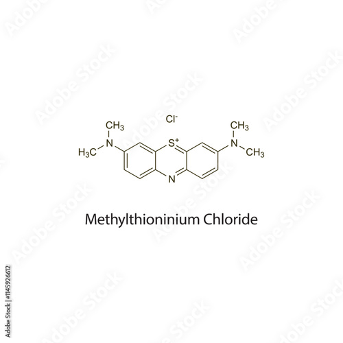 Methylthioninium Chloride flat skeletal molecular structure thiazine dye drug used in methaemoglobinaemia treatment. Vector illustration scientific diagram.