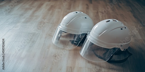 Two white protective helmets, along with clear plastic masks and martial arts vests, are placed on the floor, highlighting essential gear for martial arts practice and safety. photo