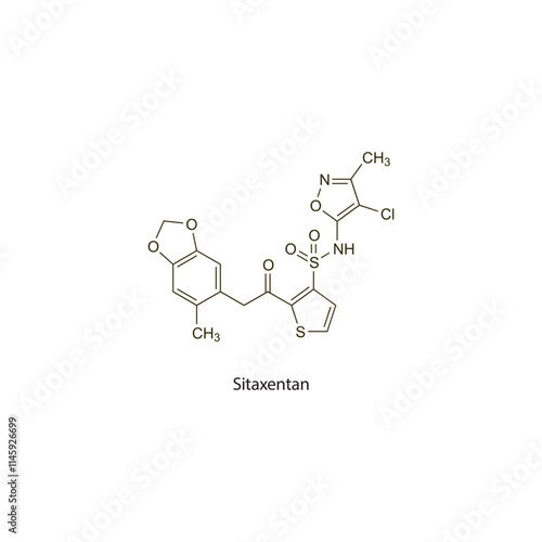Sitaxentan flat skeletal molecular structure endothelin receptor antagonist drug used in pulmonary hypertension treatment. Vector illustration scientific diagram.