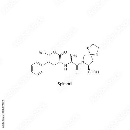 Spirapril flat skeletal molecular structure ACE inhibitor drug used in hypertension treatment. Vector illustration scientific diagram.