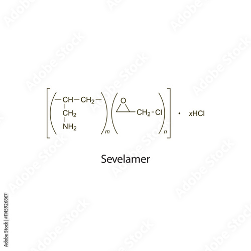 Sevelamer flat skeletal molecular structure Phosphate binder drug used in hyperphosphatemia treatment. Vector illustration scientific diagram.