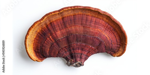 Reishi mushroom in a top view showcases its unique form and texture against a clean white background. This reishi mushroom stands out, highlighting its significant features beautifully.