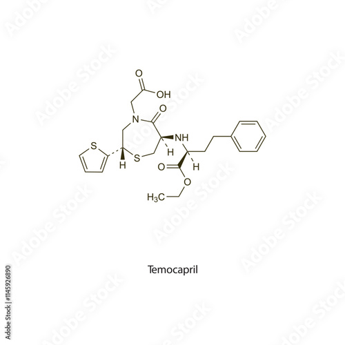 Temocapril flat skeletal molecular structure ACE inhibitor drug used in hypertension treatment. Vector illustration scientific diagram.