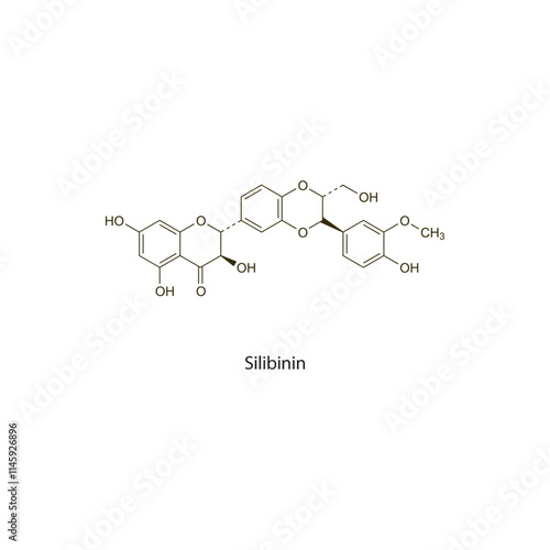 Silibinin flat skeletal molecular structure milk thistle extract drug used in amanita poisoning treatment. Vector illustration scientific diagram.