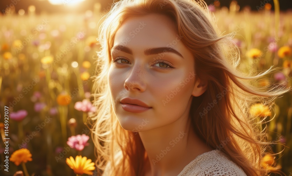 Young woman in a flower field at sunset Young woman in a flower field at sunset