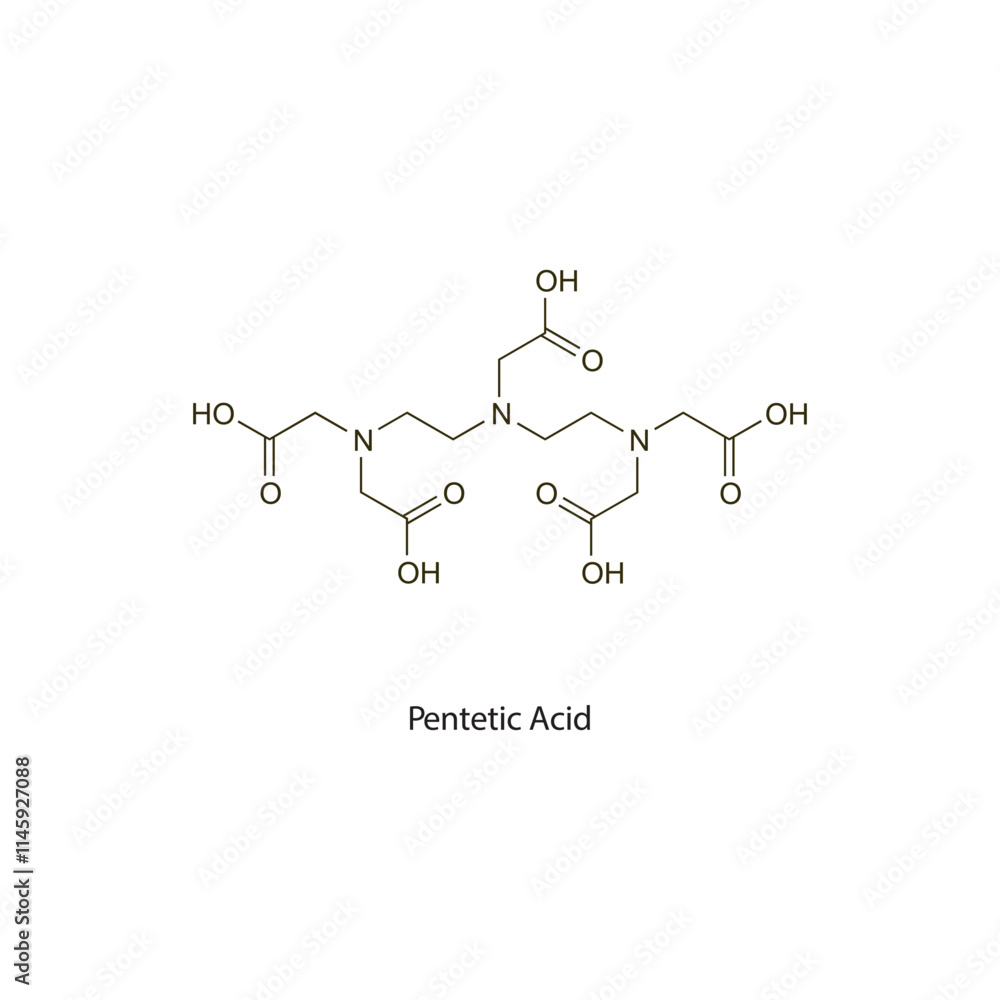 Pentetic Acid flat skeletal molecular structure chelator drug used in heavy metal poisoning treatment. Vector illustration scientific diagram. Pentetic Acid flat skeletal molecular structure chelator drug used in heavy metal poisoning treatment. Vector illustration scientific diagram.