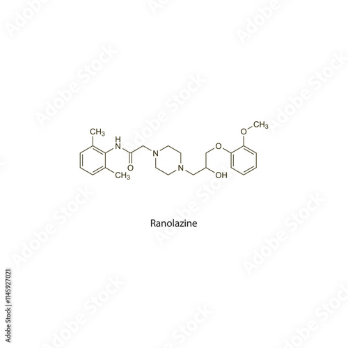 Ranolazine flat skeletal molecular structure anti-anginal drug used in angina pectoris treatment. Vector illustration scientific diagram.