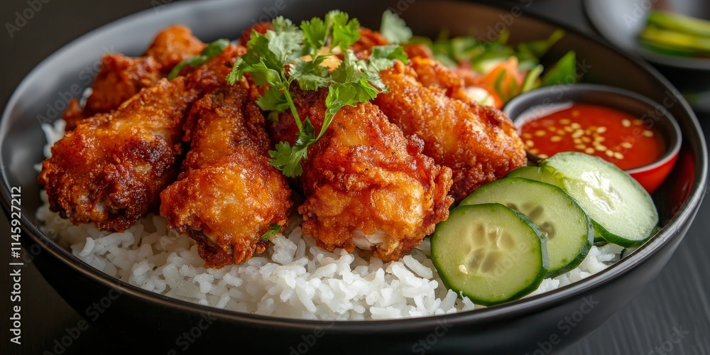 Delicious fried chicken served over rice, accompanied by fresh cucumber and tomato, showcasing the vibrant flavors of Asian cuisine in this appetizing image of fried chicken. Delicious fried chicken served over rice, accompanied by fresh cucumber and tomato, showcasing the vibrant flavors of Asian cuisine in this appetizing image of fried chicken.