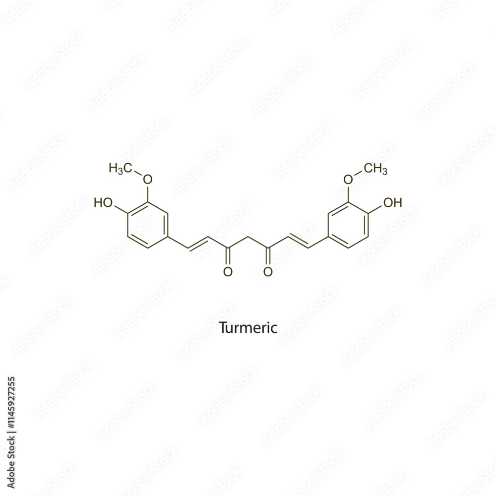 Turmeric flat skeletal molecular structure Colouring agent treatment. Vector illustration scientific diagram. Turmeric flat skeletal molecular structure Colouring agent treatment. Vector illustration scientific diagram.