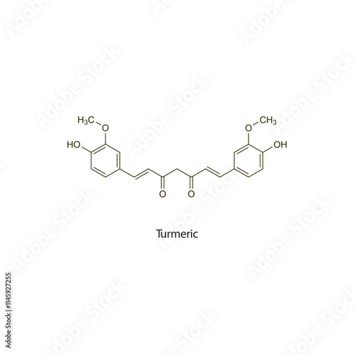 Turmeric flat skeletal molecular structure Colouring agent treatment. Vector illustration scientific diagram.