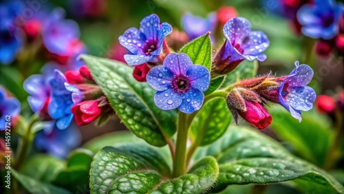 Delicate lungwort flowers (Pulmonaria officinalis) photographed; showcasing spring's medicinal herb beauty. photo