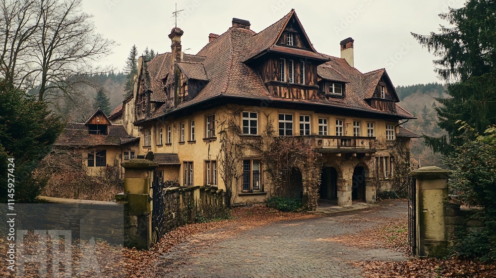 A sinister-looking German manor deep in the Black Forest, with boarded-up windows and vines twisting around its gothic architecture A sinister-looking German manor deep in the Black Forest, with boarded-up windows and vines twisting around its gothic architecture