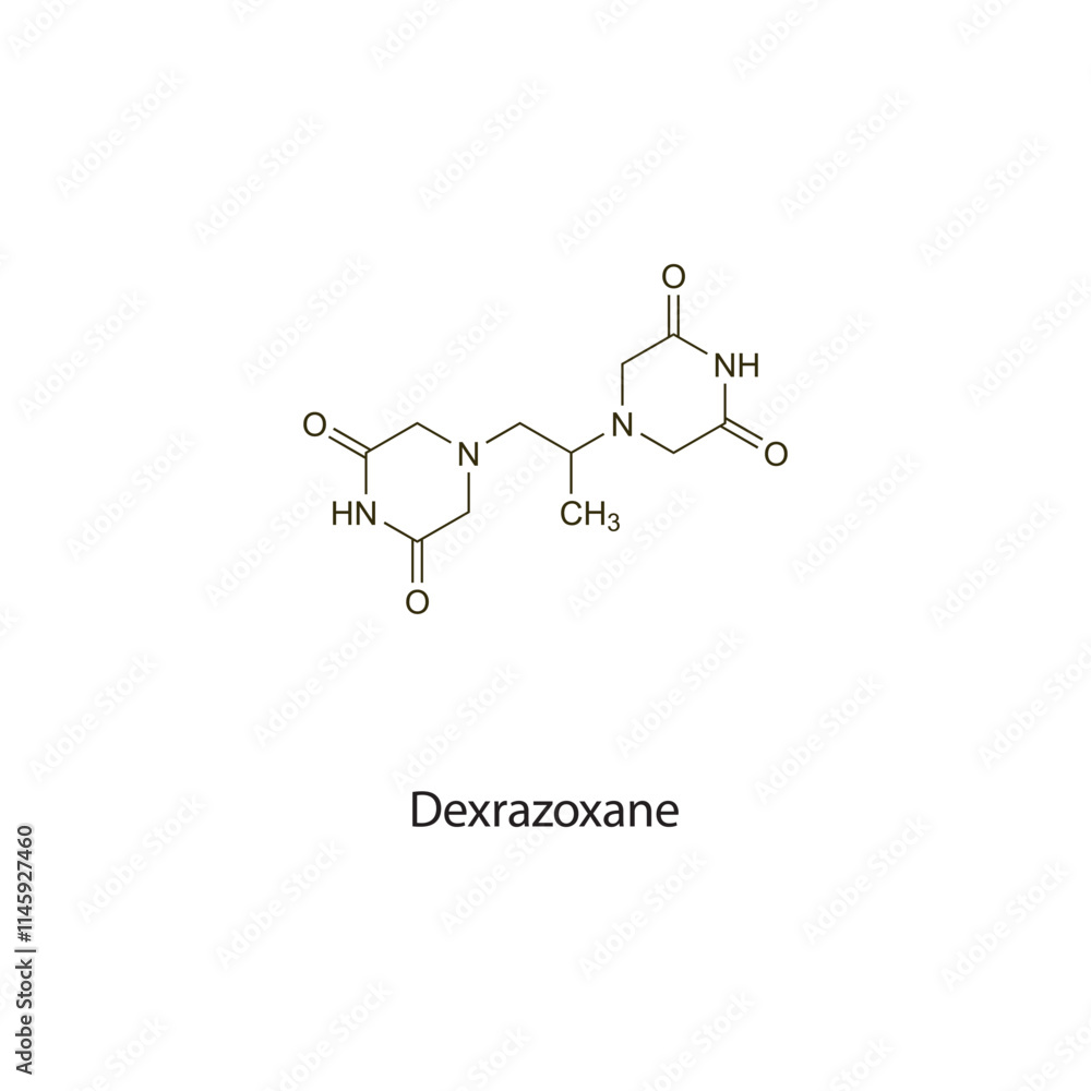 Dexrazoxane flat skeletal molecular structure cytoprotective drug used in anthracyclines cardiotoxicity treatment. Vector illustration scientific diagram. Dexrazoxane flat skeletal molecular structure cytoprotective drug used in anthracyclines cardiotoxicity treatment. Vector illustration scientific diagram.
