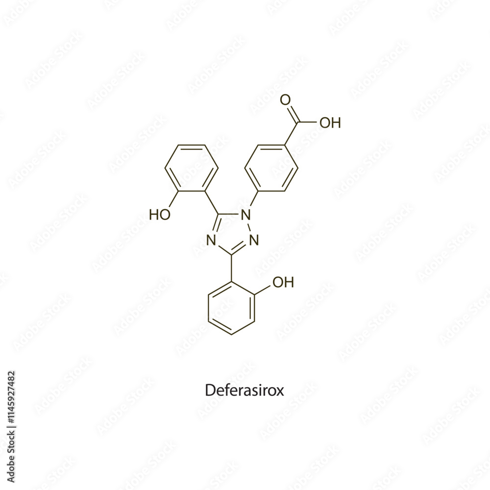 Deferasirox flat skeletal molecular structure chelator drug used in chronic iron overload treatment. Vector illustration scientific diagram. Deferasirox flat skeletal molecular structure chelator drug used in chronic iron overload treatment. Vector illustration scientific diagram.