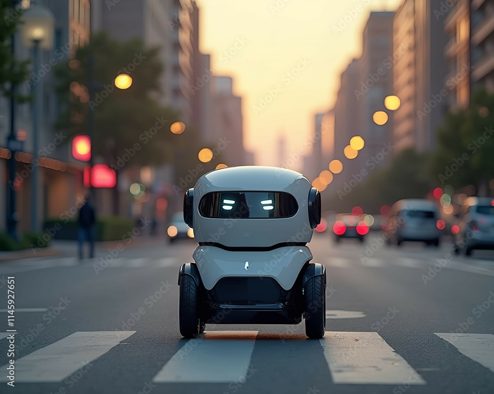 Smart Cities and Urban Robots: Autonomous delivery bot crossing a smart city street at dusk. Generative AI Smart Cities and Urban Robots: Autonomous delivery bot crossing a smart city street at dusk. Generative AI