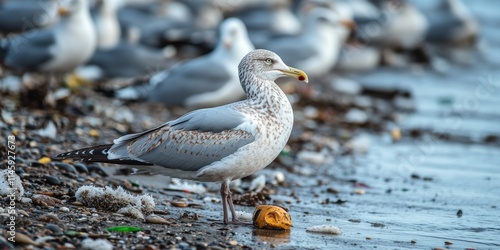 Wallpaper Mural Portrait of a seagull featuring a group of seabirds on a beach. Wild gulls showcase their presence on a polluted beach, emphasizing the impact of pollution on seabird habitats. Stock Photo. Torontodigital.ca
