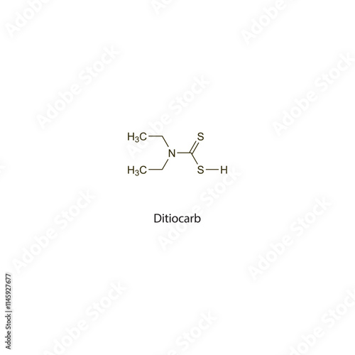 Ditiocarb  flat skeletal molecular structure chelator drug used in nickel poisoning treatment. Vector illustration scientific diagram.