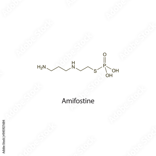 Amifostine flat skeletal molecular structure cytoprotective drug used in chemo side effects, neutropenia treatment. Vector illustration scientific diagram.