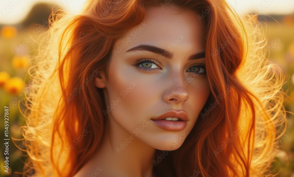 Close-up of a woman with wavy red hair Close-up of a woman with wavy red hair