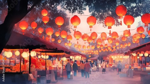 Chinese new year Street market under red lanterns, families shopping for festive goods, warm holiday vibe, watercolor style