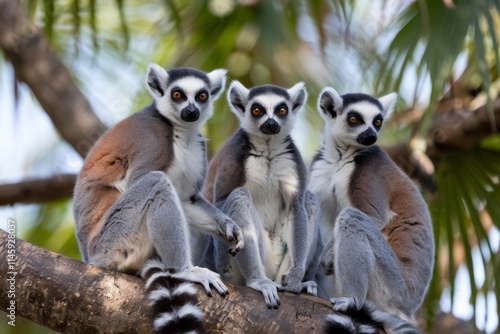 A playful family of lemurs perches on a tree branch, showcasing their expressive faces and curious eyes as they interact in their natural habitat. photo