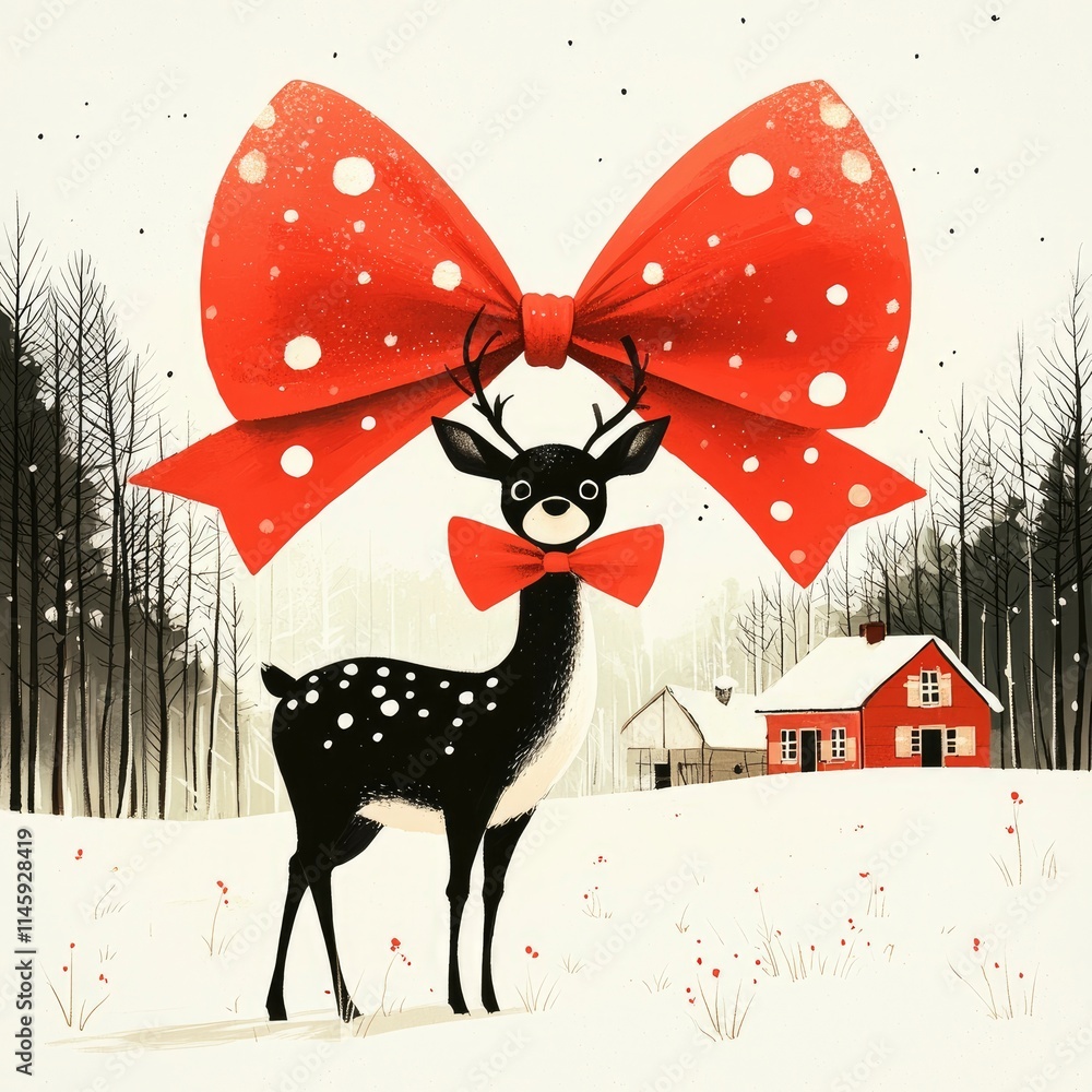 Obraz premium Festive Reindeer with Red Bow in Winter Wonderland