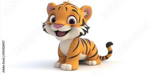 Cute Cartoon Tiger Cub Sitting on White Background
