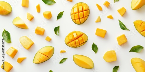 Fresh, juicy mango pieces and slices set against a white backdrop. Top notch quality fruit, showcasing vibrant mango cubes and slices separately.