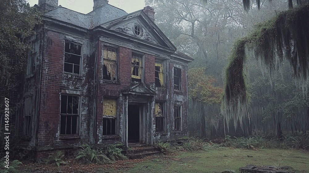 Obraz premium An abandoned colonial plantation house in the southern United States, with peeling paint, shattered windows, and moss hanging from nearby trees
