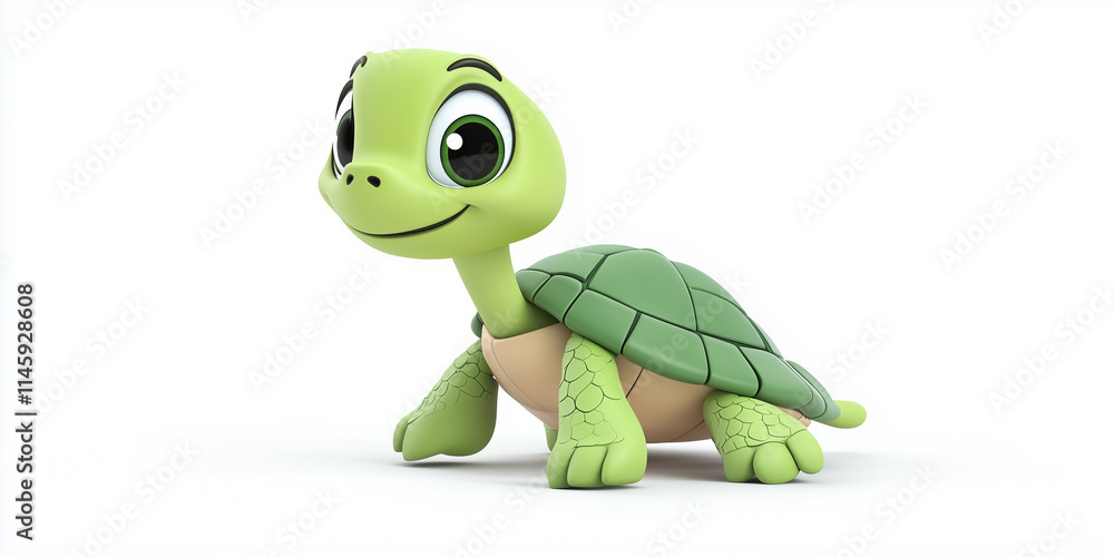 Fototapeta premium Cute Cartoon Turtle Walking on White Background
