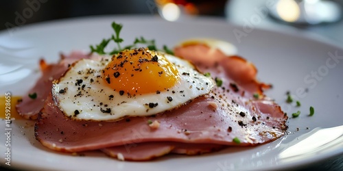 Served on a white plate, sliced ham topped with egg and black pepper embodies gourmet cuisine. This chef recommended dish pairs exceptionally well with red wine or young scotch. photo