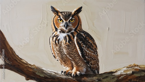 Majestic Great Horned Owl Perched on a Branch, Displaying Its Regal Feathers and Watchful Eyes in a Natural, Serene Setting photo