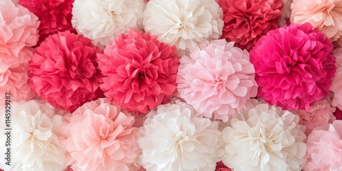 Vibrant pink and white pom poms made from paper and plastic feature bold colors and textures, perfect for decorations or festive occasions. These pompoms are truly eye catching!
