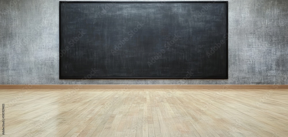 A blank chalkboard in a spacious room with wooden flooring. A blank chalkboard in a spacious room with wooden flooring.