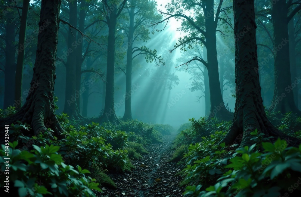 Fototapeta premium Dramatic, scary dark forest with green bushes