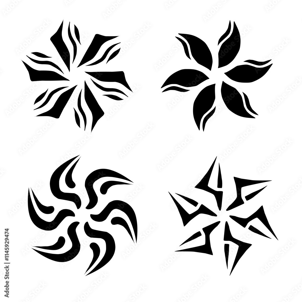 Fototapeta premium Four abstract, black, floral-like designs with unique, symmetrical patterns resembling petals or blades.