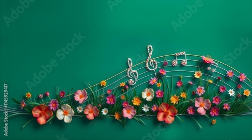 A stylized arrangement of musical notes and a treble clef, along with musical staff lines, are interwoven with colorful flowers and green grass against a solid teal or dark green background.